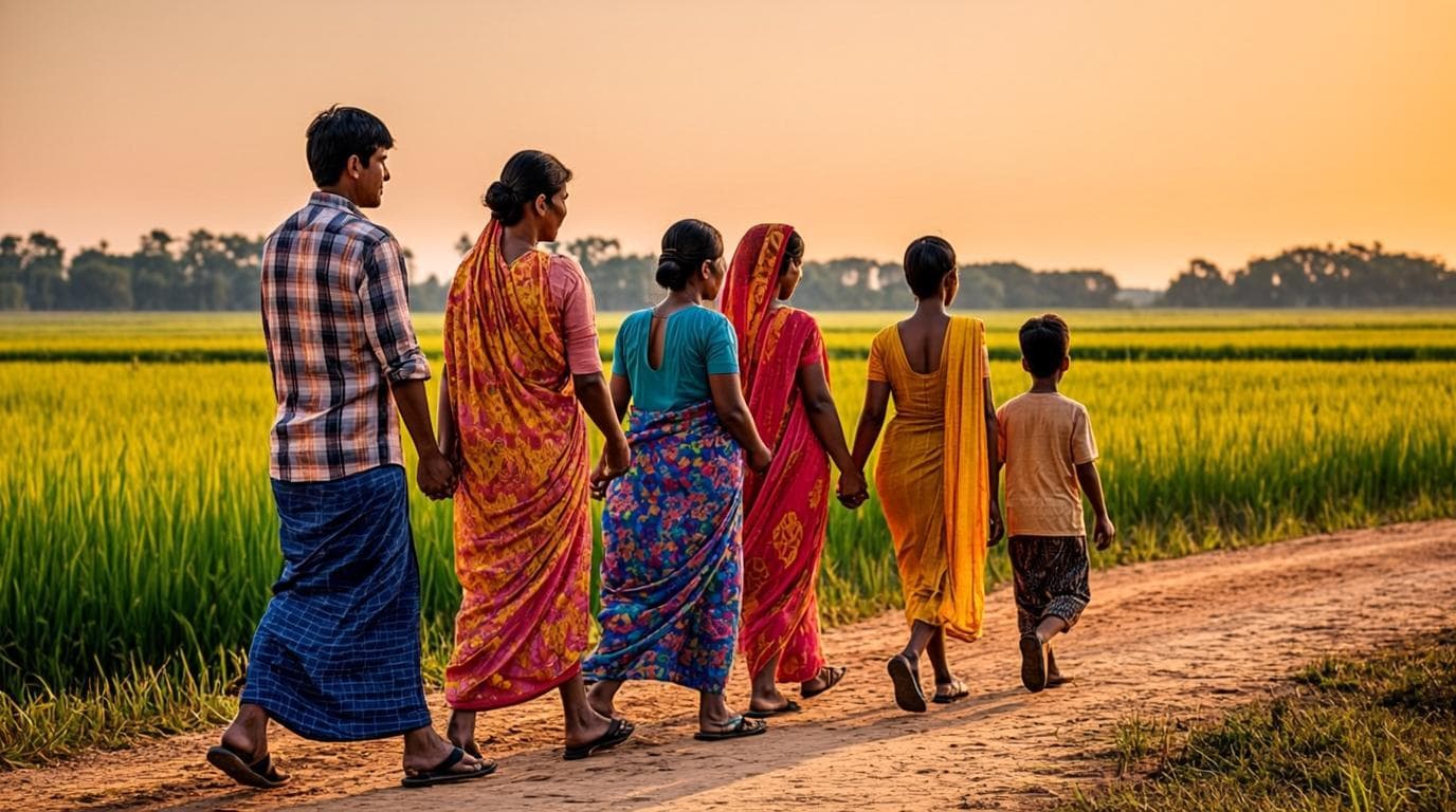Villagers walking together through green paddy fields at sunset