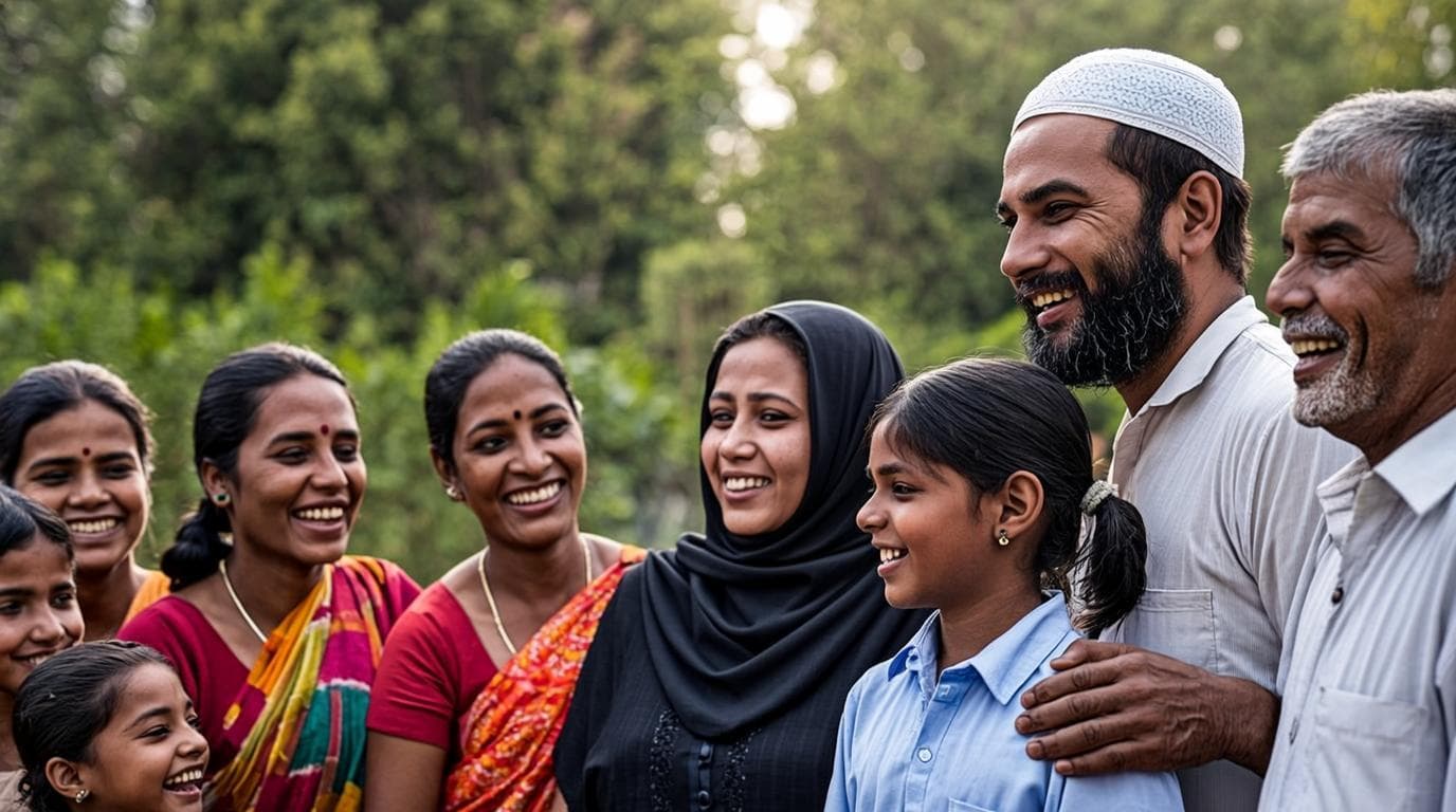 People of different faiths from rural West Bengal standing together