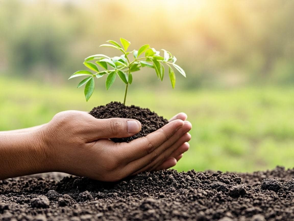 Hands holding a young green seedling